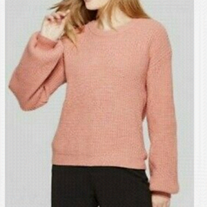 A New Day Pink Velvet Bow Tie Back Puff Sleeve Crewneck Sweater Ribbed P…